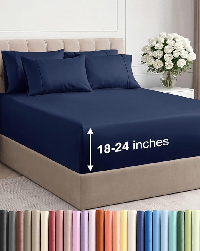 Extra Deep Queen Sheet Set - 6 Piece Breathable and Cooling Sheets - Hotel Luxury Bedding for Women, Men, Kids & Teens - Easy & Secure Fit - Soft, Wrinkle Free & Comfy - Extra Deep Pockets - Navy Blue