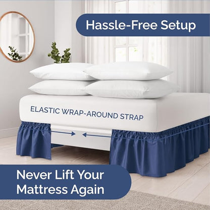 Wrap Around Dust Ruffle Bed Skirt - Navy Blue - for King Size Beds w/ 14 Inch Drop - Easy Fit Elastic Strap - Adjustable Pleated Bedskirt with Brushed Fabric, Wrinkle Free Women, Men, Kids and Teens