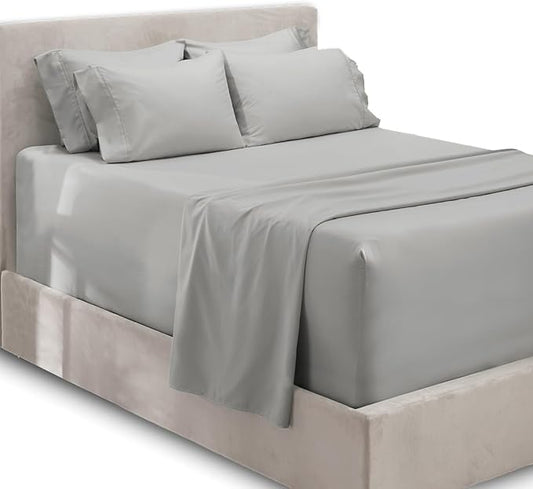 Hearth & Harbor Extra Deep Pocket Queen Sheets Sets - Fits Mattress 18-24 Inches Deep - Extra Deep Pocket Sheets - 6 Piece Queen Size - Silver
