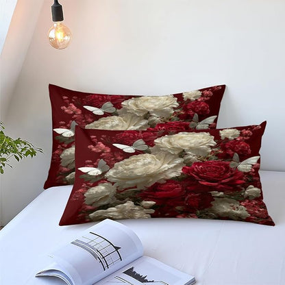 Women 3-Piece Red Rose Comforter Set, Girls White Butterfly Bedding Sets King Size, Vintage Botanical Flowers Bedding Sets for All Season, Includes 1 Comforter 104"x90" and 2 Pillowcases