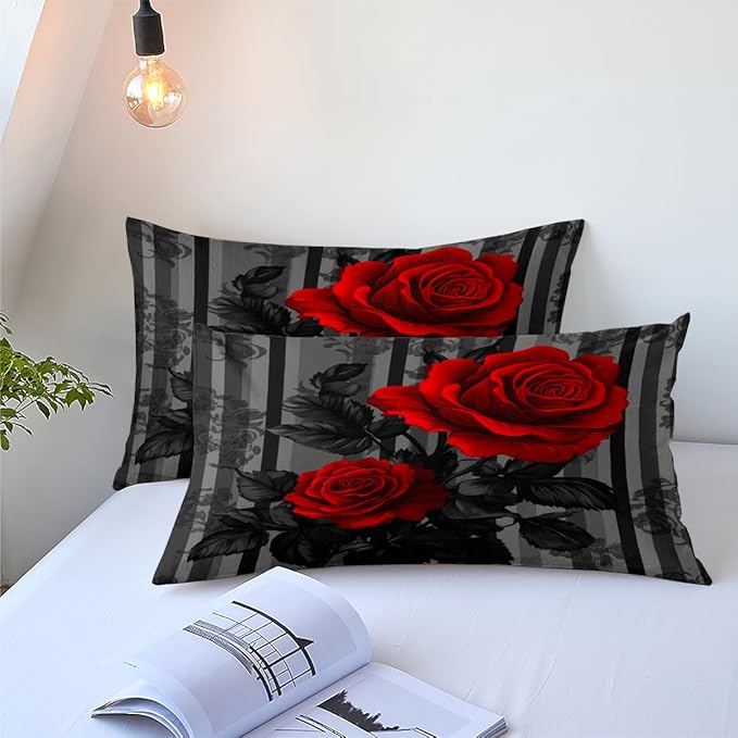 Red Rose Comforter Set Twin Size for Girls, Black Floral Bedding Set for Vintage Country Bedroom Decor - 2Piece Soft Fluffy Microfiber Quilted Set with 1 Pillowcase, 68"x86"
