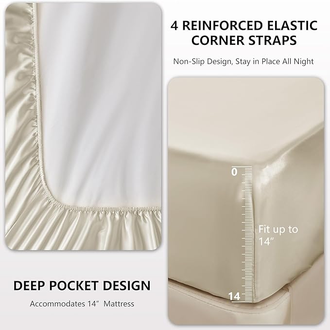 CozyLux Satin Sheets Queen Size Bed Set - 4 Piece Silky Queen Sheet Set, Luxury Beige Queen Sheets with Smooth and Soft Microfiber, Includes 1 Fitted Sheet, 1 Flat Sheet and 2 Pillowcases