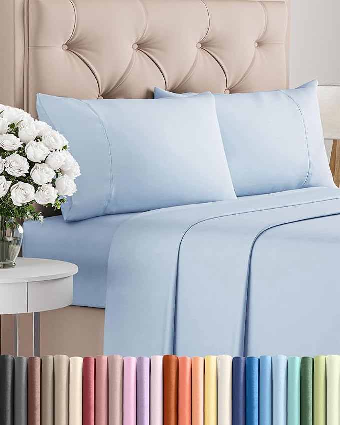Twin XL 4 Piece Sheet Set - Comfy Breathable & Cooling - Ultra-Soft Hotel Luxury Bedding Set w/ 8-16 Inch Deep Pockets - 1 Flat & 1 Fitted Sheet & 2 Pillowcases - Wrinkle Free & Easy Care - Sky Blue