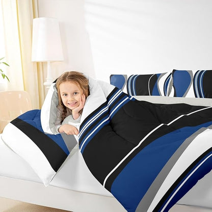 Erosebridal Blue Black Abstract Twin Bedding Sets for Adult Women Men Grey Modern Striped Comforter Set Geometric Stripes Lines Quilt Duvet Set Contemporary Art Boho Bedding Collections for Minimalist
