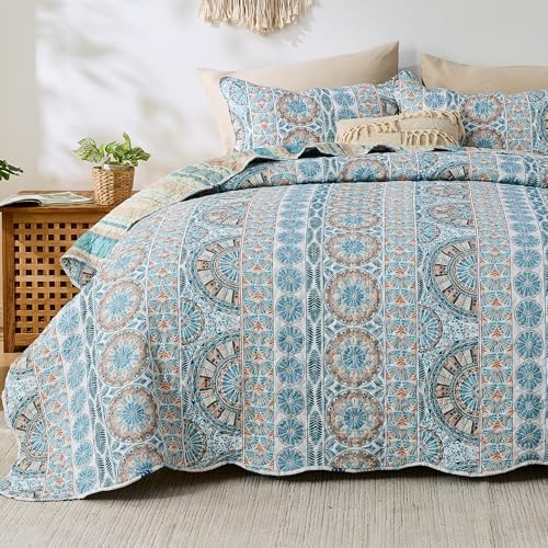 Qucover Boho Quilts King Size Bedding Set, Teal Blue