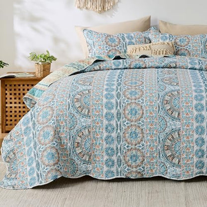 Qucover Boho Quilts King Size Bedding Set, Teal Blue