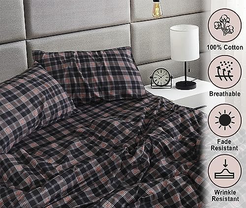 RUVANTI Flannel Sheets Set Queen Size,Peach & Black Plaid