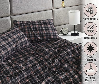 RUVANTI Flannel Sheets Set Queen Size,Peach & Black Plaid