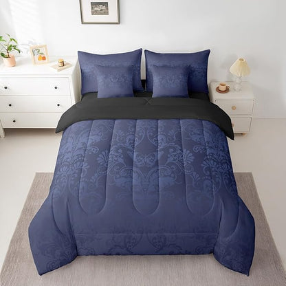 Erosebridal Gothic Damask Bed in a Bag King Size Comforter Set 7 Pieces,Butterfly Skull Bedding Sets Azure Blue Victorian Floral Goth Sheet Set with Comforter