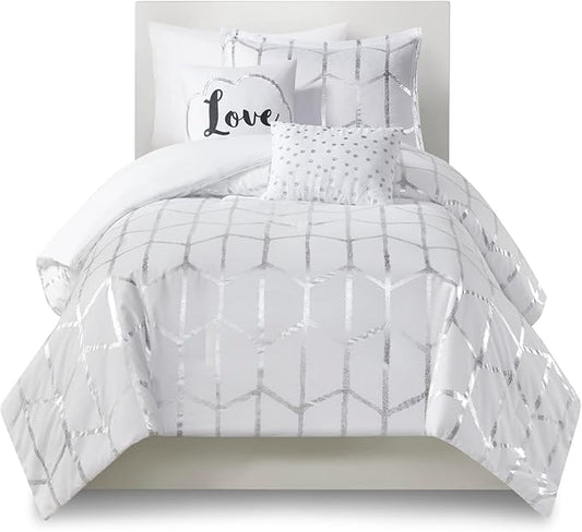 Intelligent Design Raina Twin / Twin XL Comforter Set, Soft Microfiber Comforter Set Twin, Modern Geometric Metallic Bed Set, 4 Pieces College Bedding Comforter Set with 1 Sham, 2 Toss Pillows White