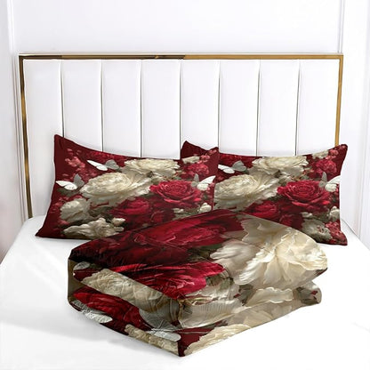 5Pcs Full Size Vintage Comforter Set for Women, Red and White Rose Bedding Set for Girls Room Decor, White Butterfly, 1 Comforter, 2 Pillowcases, 1 Fitted Sheet, 1 Flat Sheet