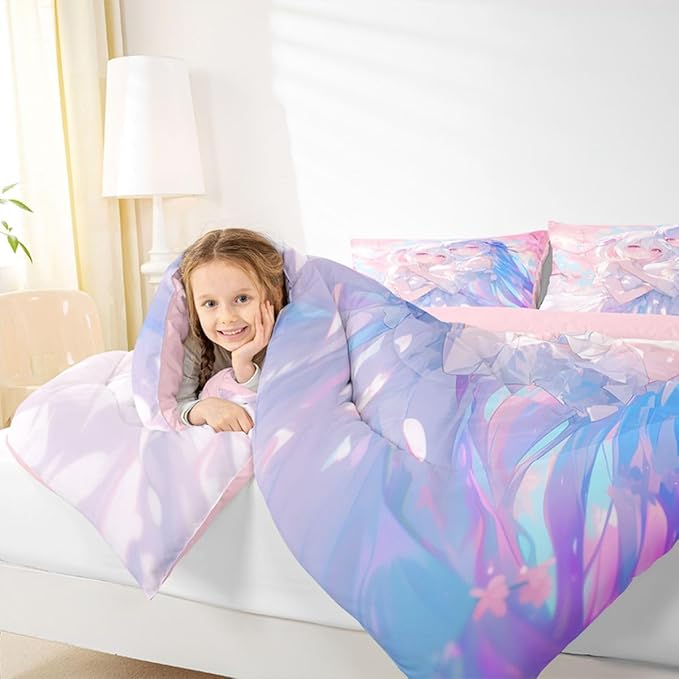 Erosebridal 3D Kawaii Girly Bedding Queen Size, Japanese Girl Comforter Set for Kids Toddler Girls Cherry Blossoms Bedding Comforter Sets, Watercolor Romance Duvet Set Happy Friendship Down Comforter