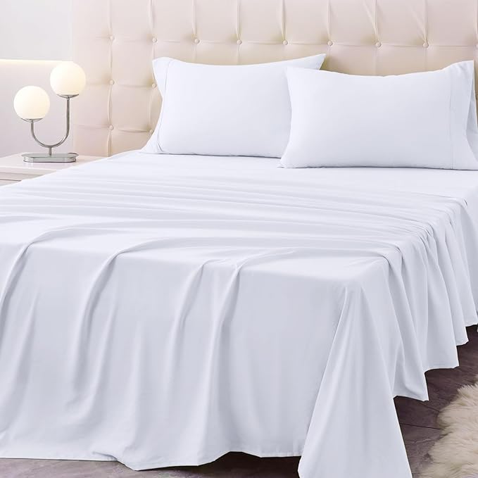 King Size Bed Sheet Set - 4 Piece Soft Microfiber Sheets with Deep Pockets, Cooling Technology, and Wrinkle-Free Pillowcase. Hotel-Quality, Durable Bedding, Brilliant White