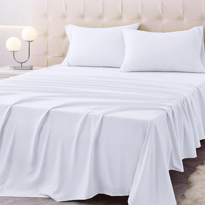King Size Bed Sheet Set - 4 Piece Soft Microfiber Sheets with Deep Pockets, Cooling Technology, and Wrinkle-Free Pillowcase. Hotel-Quality, Durable Bedding, Brilliant White