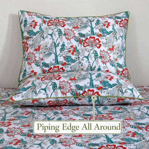 FADFAY Cal King White Teal 100% Egyptian Cotton Sheets Set 4 Piece, Vintage Botanical Garden Floral Sheets, Luxury Soft Breathable Cottagecore Bedding with Deep Pocket Fitted Sheet for All Seasons