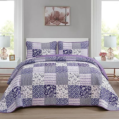 Mybedsoul Boho Quilts Queen Size, Patchwork Reversible Bedding Set, Purple