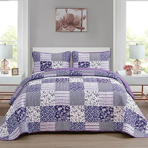 Mybedsoul Boho Quilt King Size, Patchwork Floral Bedding Set, Purple
