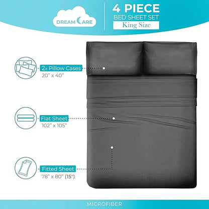 DREAMCARE Twin XL Sheet Sets - 4pc Cooling Sheets XL Twin Sheets - Twin XL up to 21” Deep Pocket – Hotel Luxury Extra Long 100% Brushed Microfiber with Side Pocket - D. Gray