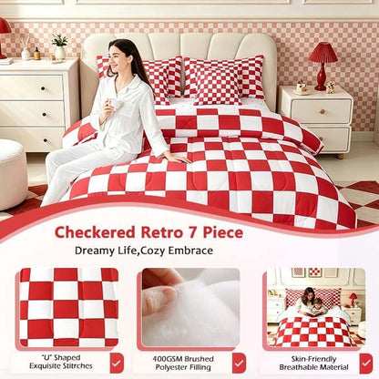 Feelyou Checkered Retro 7 Piece Bedding Set Teen Women Men Red White Plaid Comforter Set with Sheets Queen Size Kids Boys Geometric Vintage Bed in a Bag Modern Simple Groovy Aesthetic Room Decor