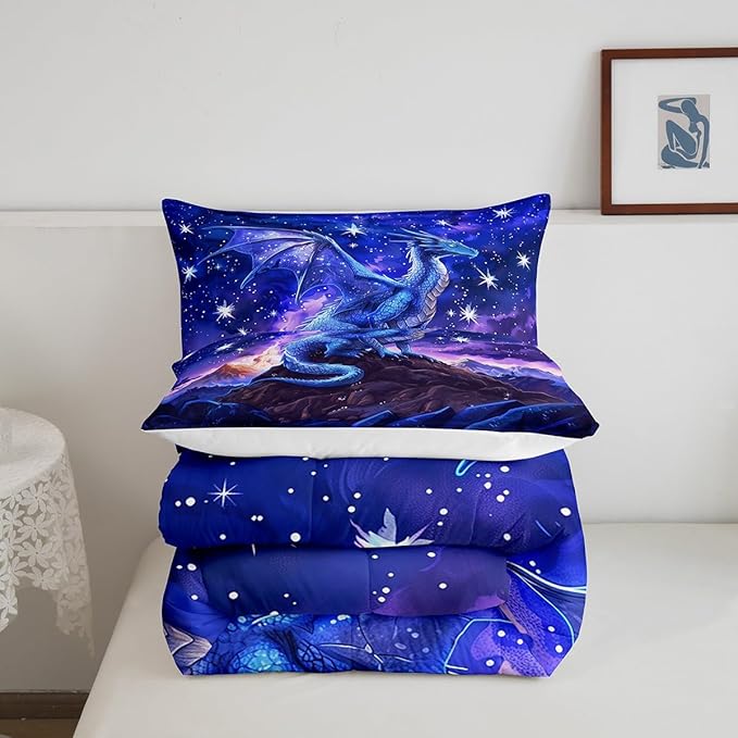 Dragon Comforter Set King Size,Starry Sky Mountains Bedding Set for Kids Girls Boys Room Decor,Blue Purple Western Magical Quilt Set 3Pcs,Wild Animal Trippy Duvet Insert,2 Pillowcases