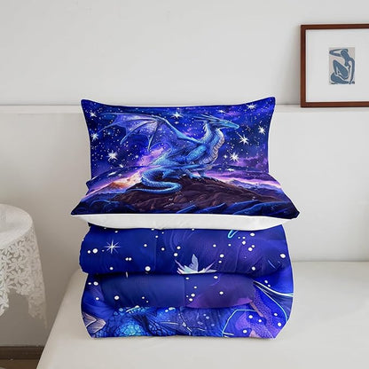 Dragon Comforter Set Full Size,Starry Sky Mountains Bedding Set for Kids Girls Boys Room Decor,Wild Animal Trippy Duvet Insert,Blue Purple Western Magical Quilt Set 3Pcs,2 Pillowcases