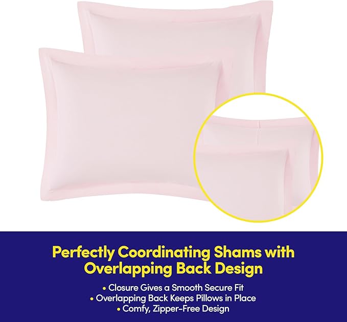 Full Size Comforter Set Quilted Stripe Bedding Bundle – Comforter, Mattress Protector, Sheets with Pockets on the Side & Built-in Corner Strap – Fitted Sheet Media Pocket for Devices, Pale Pink