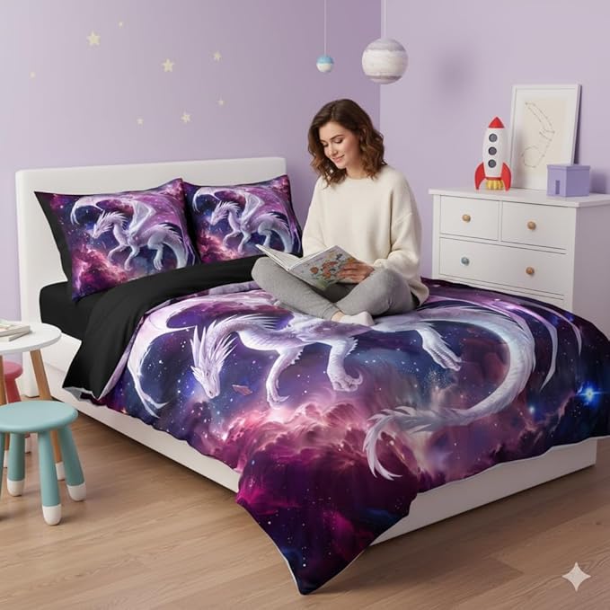 Kids Pink Dragon Comforter Set Full Size Castle Fairy Tale Bedding Set with Galaxy Outer Space Universe for Girls Teens 3 Pcs 3D Animals Quilt Set, 79"x90"