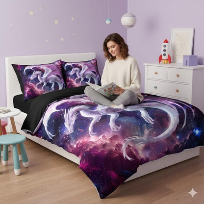 Kids Pink Dragon Comforter Set Full Size Castle Fairy Tale Bedding Set with Galaxy Outer Space Universe for Girls Teens 3 Pcs 3D Animals Quilt Set, 79"x90"