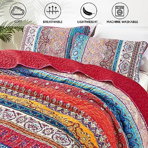 WONGS BEDDING Boho Quilt Queen Size,3 Pcs Bedspread Set, Red