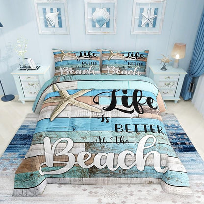Beach Life Comforter Set Full Size,Cute Starfish Bedding Set 3pcs,Rustic Farmhouse Down Comforter for Kids Boys Girls Teens Room Decor,Retro Blue Wooden Plank Bed Set for All Season,2 Pillowcases
