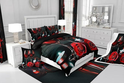 Erosebridal 3D Rose Wine Glass Bedding Sets King Girls Romantic Eiffel Tower Comforter Women Floral Fruit Quilt Red Black Flower Bedding Quilted Soft Microfiber Down Comforter with 2 Pillowcases,Gray