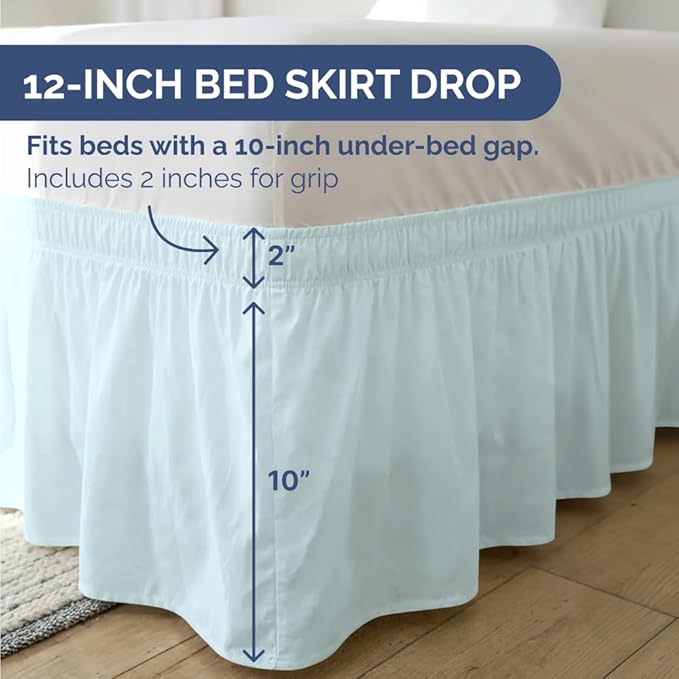 Wrap Around Dust Ruffle Bed Skirt - Ice Blue - for Queen Size Beds w/ 12 Inch Drop - Easy Fit Elastic Strap - Adjustable Pleated Bedskirt w/Brushed Fabric - Wrinkle Free - Women, Men, Kids & Teens