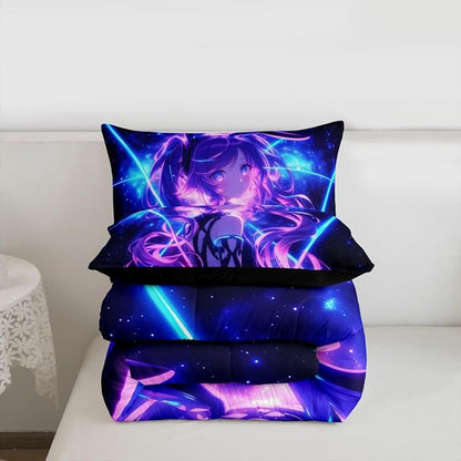 Erosebridal 3D Anime Kids Bedding | Japanese Girl Full Comforter Sets,Girly Galaxy Stars Comforter Purple Neon Duvet Insert with 2 Pillow Cases