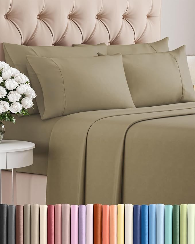 Cal King 6 Piece Sheet Set - Comfy Breathable & Cooling - Ultra-Soft Hotel Luxury Bedding Set with 8-16 Inch Deep Pockets - 1 Flat & 1 Fitted Sheet & 4 Pillowcases - Wrinkle Free & Easy Care - Khaki
