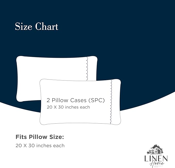 Linen Home 100% Cotton Percale Moon Scallop Hem Pillowcases Queen/Standard Size, Dark Blue, 2 Pieces of Pillow Case, Crisp and Cool Strong Bed Linen, 20 inches X 30 inches