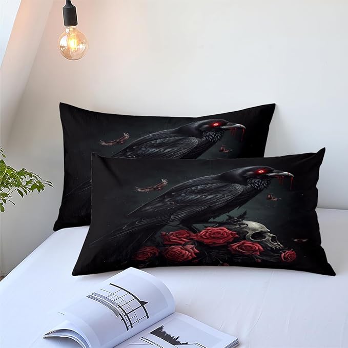 Black Crow Red Rose Skull Comforter Set Queen Size Halloween Gothic Roses Skeleton Bedding Set Holiday Decoration Bedding Black Floral Bird Down Comforters Soft Microfiber Comforter Sets