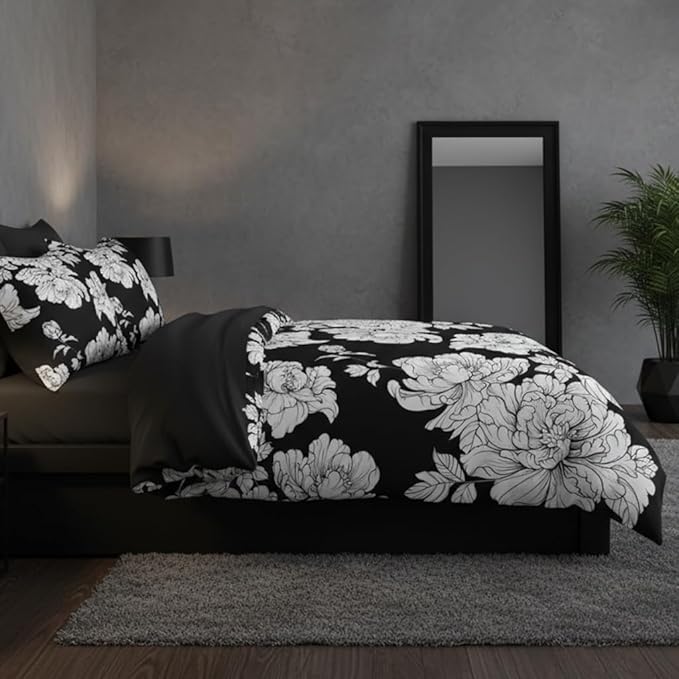 Black Floral King Size Comforter Set, 3 Pieces Vintage Farmhouse Botanical Bedding Set for Adult Women, Soft Fluffy Microfiber Quilted Comforter with 2 Pillowcases(104"x90")