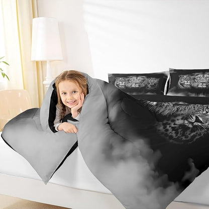 Wild Animals Comforter Set Full Size Tiger Lion Leopard 3D Bedding Set 3pcs for Kids Boys Men Home Room Decor,Black White Smog Down Comforter Modern Microfiber Quilted Duvet with 2 Pillowcases