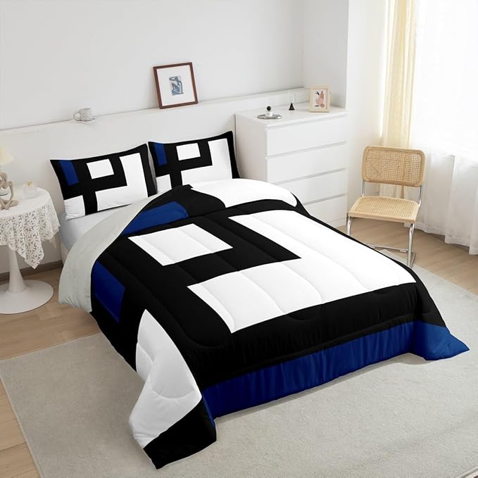 Erosebridal Blue Black and White Striped Twin Bedding Sets for Adult Women Men Square Abstract Comforter Set Modern Geometric Stripes Bold Lines Quilt Set Minimalist Plaids Bed Collections