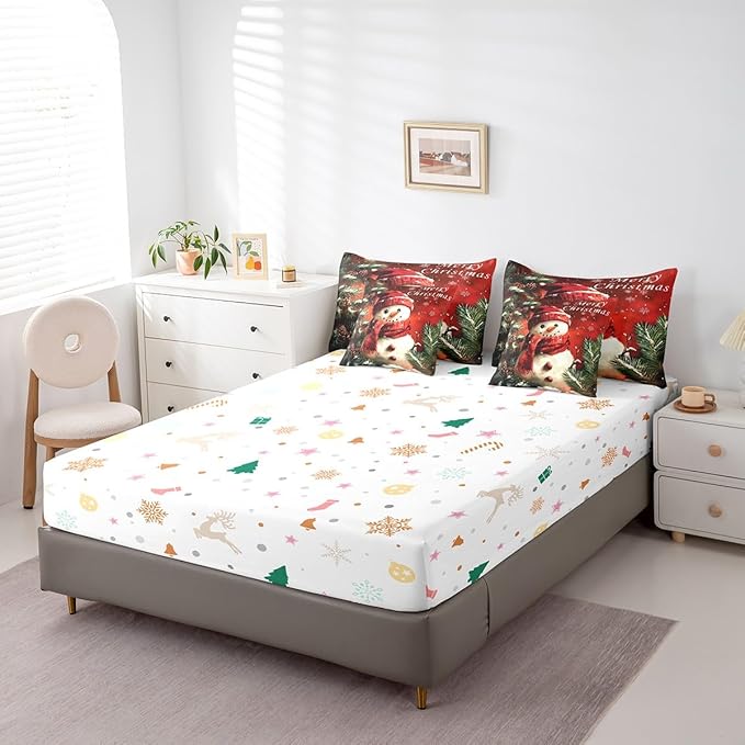 Winter Snowman Comforter Set 7 Pieces,Merry Christmas Trees Flowers Bed Set,Happy New Year Bedding Bed in a Bag Soft,King (1 Comforter,2 Pillowcase,2 Pillow Covers,1 Flat Sheet,1 Fitted Sheet)