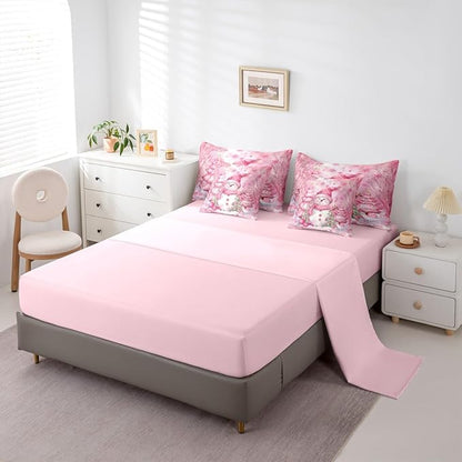Castle Fairy Kawaii Snowman 7 Pieces Comforter Sets Full,Dreamy Pink Christmas Trees Bedding Set for Kids Girls Bedroom Decor,Cute Winter Snowflake Bed in a Bag with Comforter,Sheets and Pillow Cases