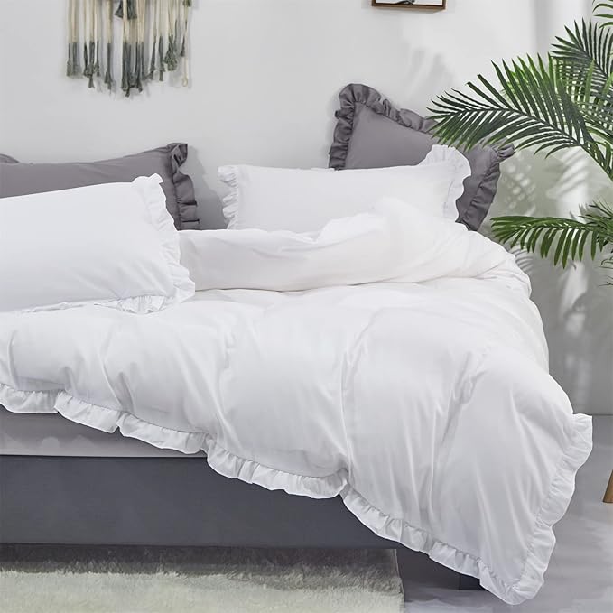 Luxlovery White Ruffle Comforter Set Full Farmhouse Boho Bedding Comforter Set Plain White Shabby Chic Solid Blanket Quilts Vintage Rustic Bedding Set with Ruffles for Full Bed