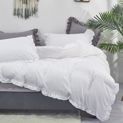 CLOTHKNOW White Ruffle California King Comforter Set Shabby Chic Bedding Comforter Sets Farmhouse Comforter Vintage Rustic with 2 x Pillowcases