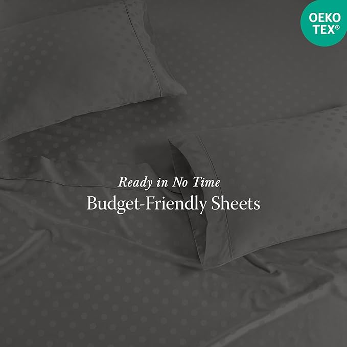 Threadmill Cotton Queen Sheet Set | 100% Cotton Sheets for Queen Size Bed | Damask Jacquard Queen Bed Sheets Set with 16” Deep Pocket | Soft Sateen Weave 4-Piece Cooling Bedding Set | Dark Grey