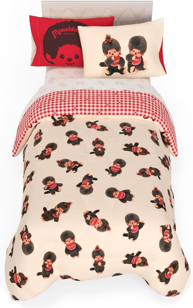 Monchhichi Bedding 5 Piece Twin Bed Set, Soft Cozy Nostalgia Reversible Comforter and Sheet Set with Sham, Officially Licensed Product by Franco