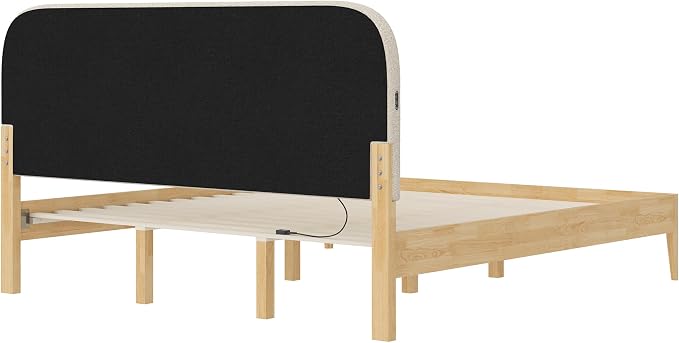 KISLOT Wood Bed Frame with USB & Type-C, Boucle Headboard, Oat, King | Platform Bed, Mattress Foundation, No Box Spring Needed, Easy Assembly