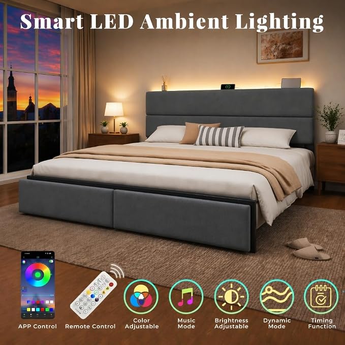 Queen Bed Frame with 2 Storage Drawers, Grey Velvet Upholstered | Platform Bed with Charging Ledge, LED Headboard Lighting, Metal Support, Noise Free, No Box Spring Needed, Easy Assembly