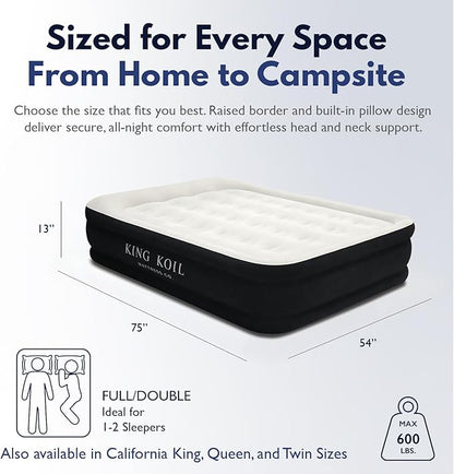 King Koil Full Size Plush Pillow Top Inflatable Air Mattress with Built-in Pump High-Speed Pump for Home, Camping, Guests, Luxury Double High Adjustable Blow Up Bed, Waterproof, 1-Year Warranty.