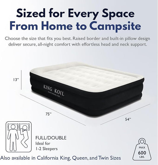 King Koil Full Size Plush Pillow Top Inflatable Air Mattress with Built-in Pump High-Speed Pump for Home, Camping, Guests, Luxury Double High Adjustable Blow Up Bed, Waterproof, 1-Year Warranty.