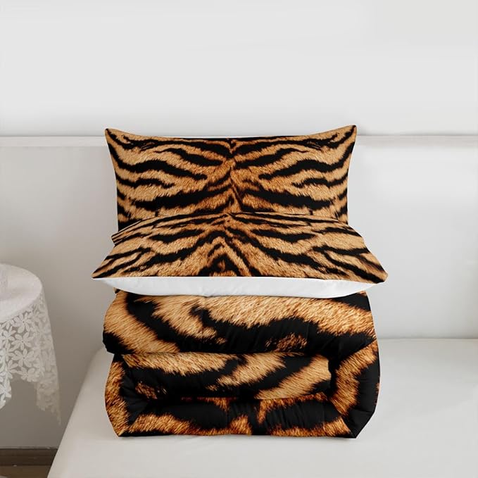 3D Tiger Skin Comforter Set Wild Africa Animals Bedding Set Twin Size Kids Teens Men Adult Home Room Decor Abstract Black Brown Stripes Quilt Set Romantic Vintage Duvet Insert,1 Pillowcase